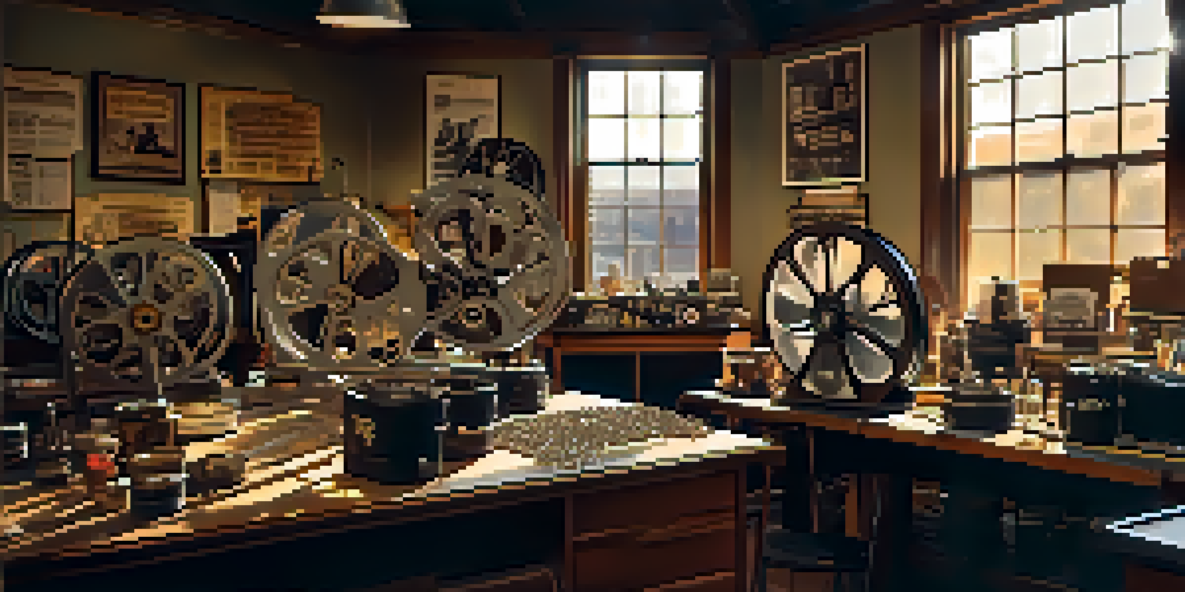 A warm, inviting room where volunteers are restoring old film reels, with vintage film posters on the walls and sunlight streaming through a window.