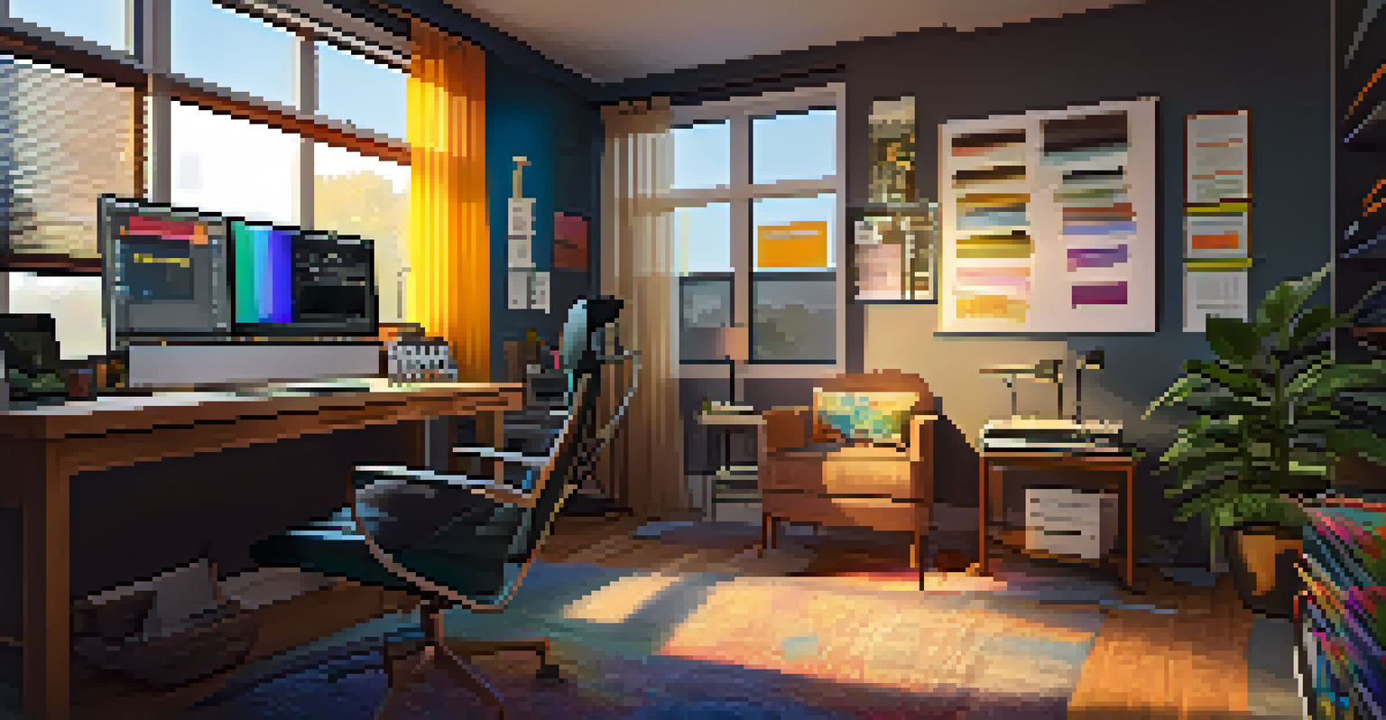 A film editing studio with a monitor showing a film timeline, surrounded by editing tools and colorful sticky notes, illuminated by warm lighting.