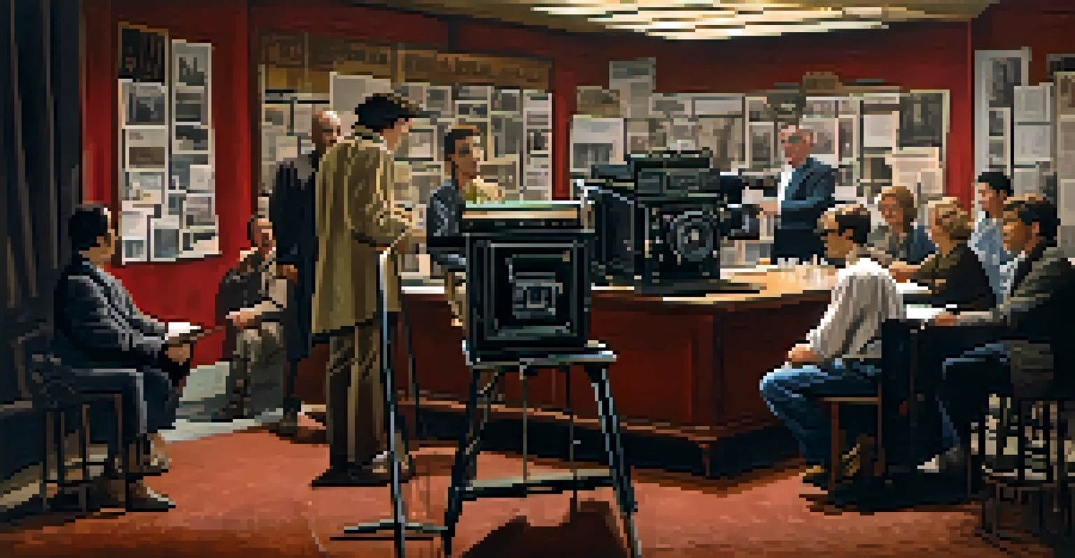 A film set with a director and screenwriter discussing a script, surrounded by cameras and crew.