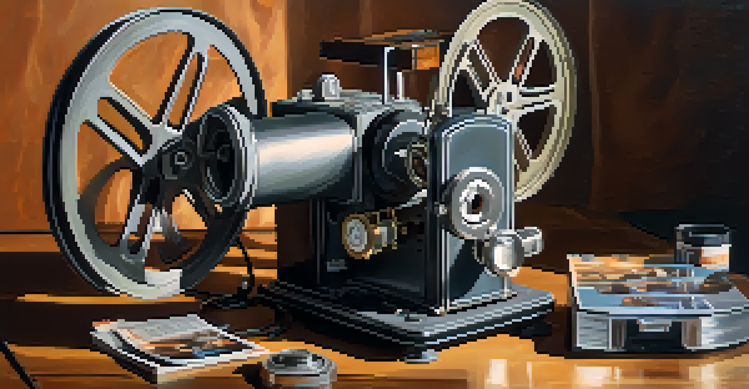 A vintage film projector casting light onto a screen, surrounded by old film reels and canisters, creating a nostalgic atmosphere.