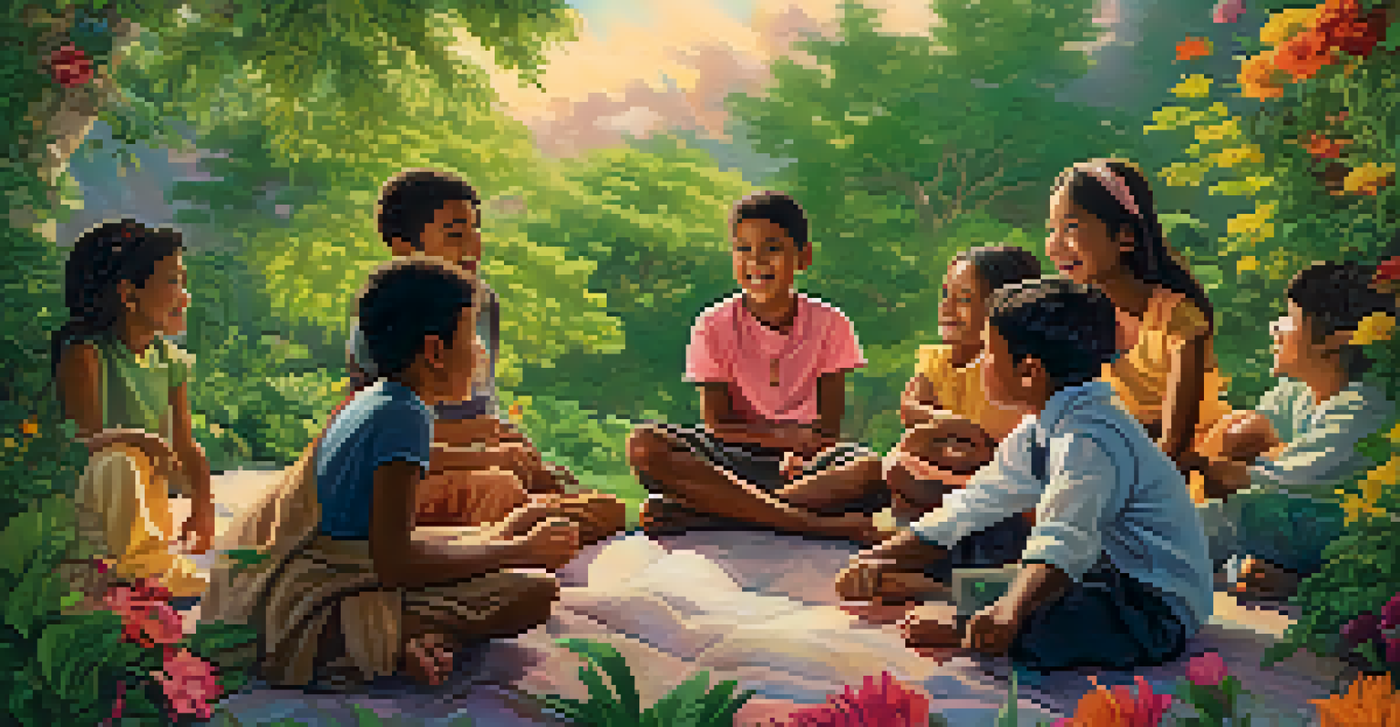 Children gathered outdoors listening to a storyteller, surrounded by greenery and colorful flowers.