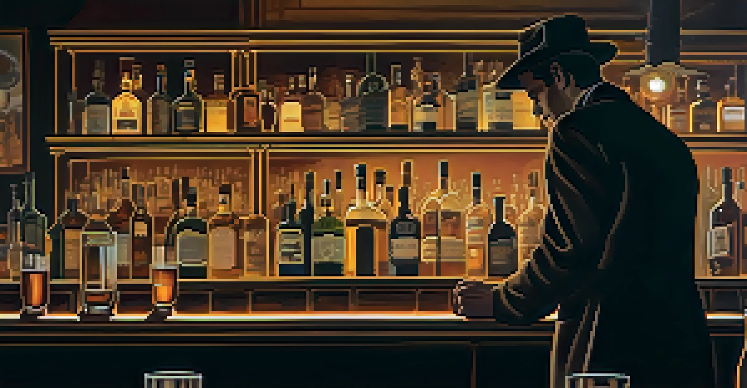 A smoky bar with low lighting, a glass of whiskey on the counter, and a shadowy figure in the background, creating a mysterious atmosphere.