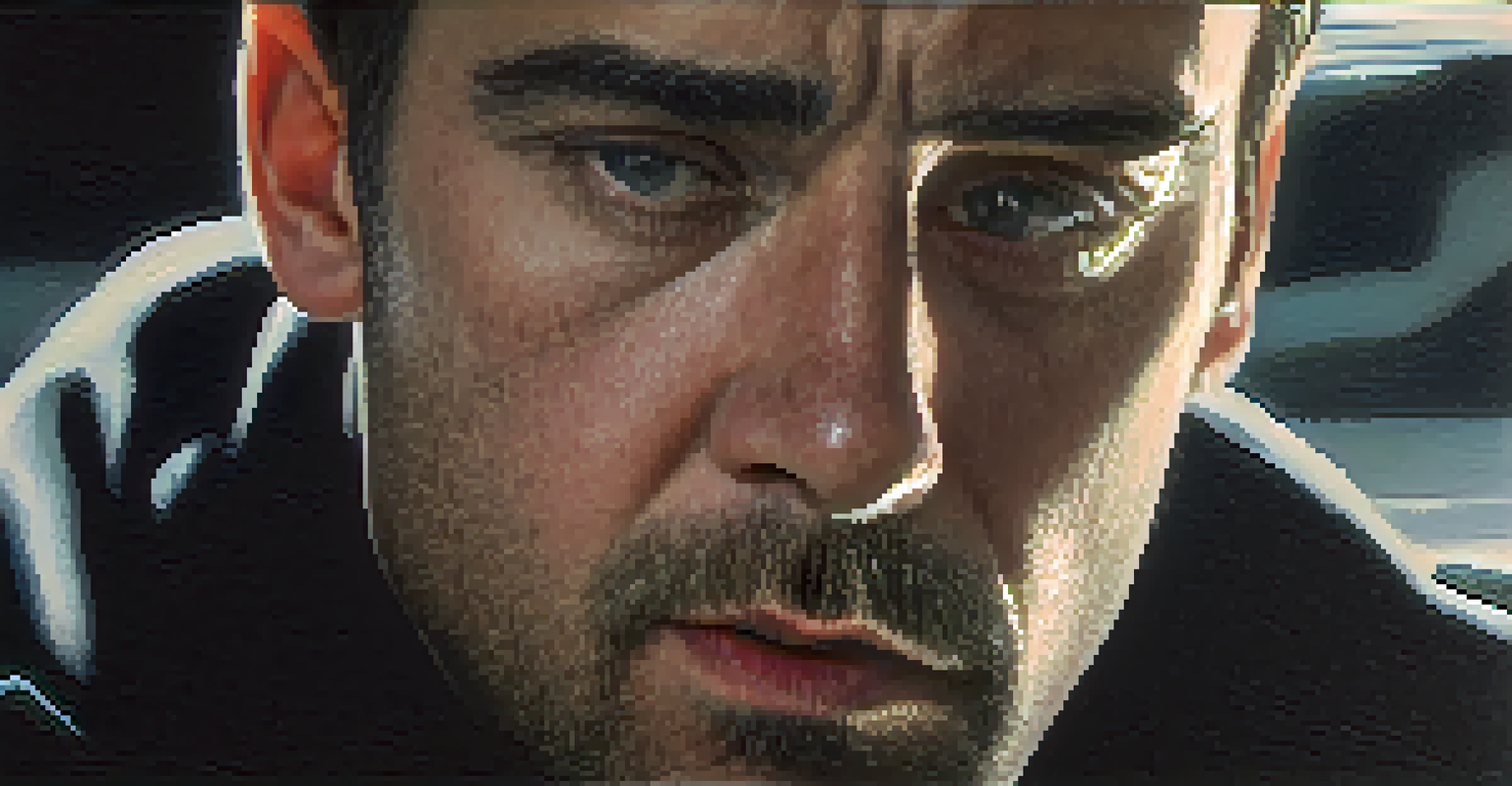 A close-up of a character's face showing fear and determination in a dimly lit environment.