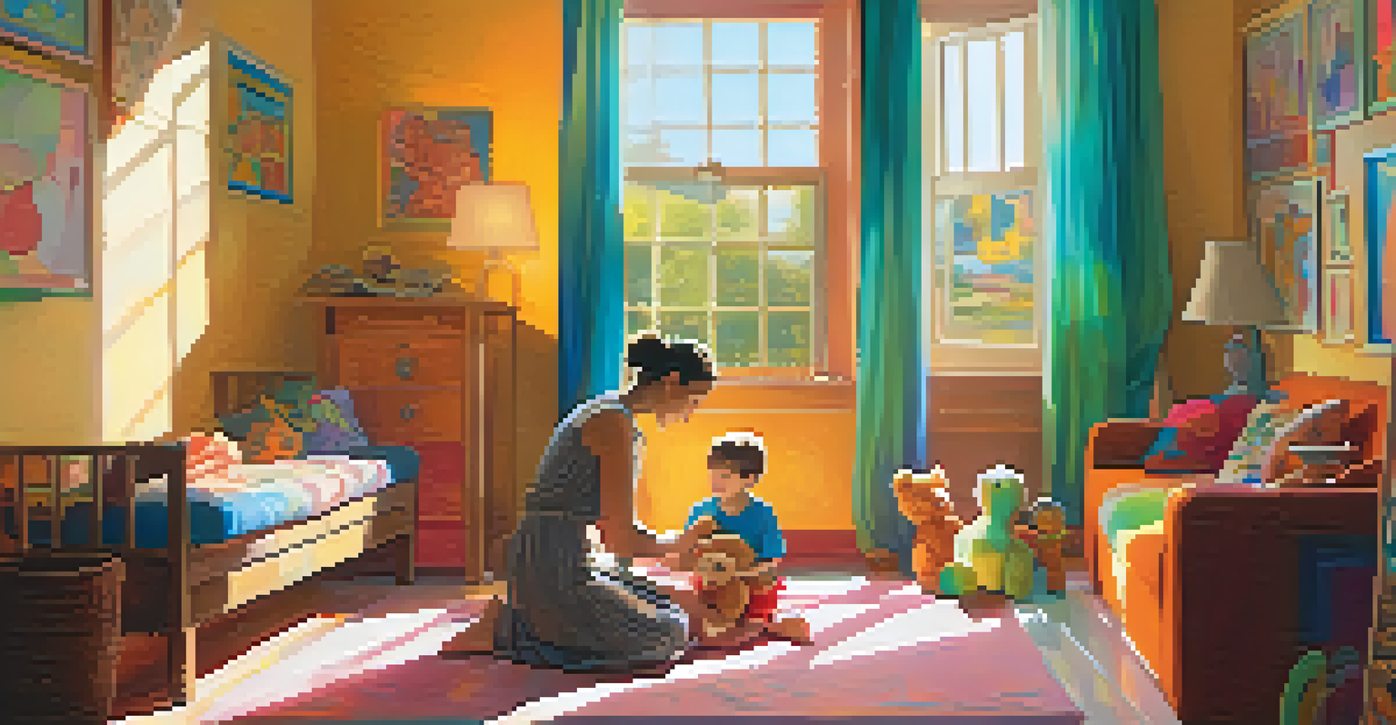A warm, sunlit room where a person cradles a small child, with vibrant colors and toys scattered around, evoking feelings of joy and warmth.