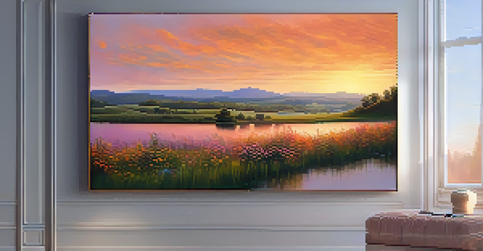 A picturesque sunset over rolling hills with a lake reflecting warm colors and surrounded by greenery.