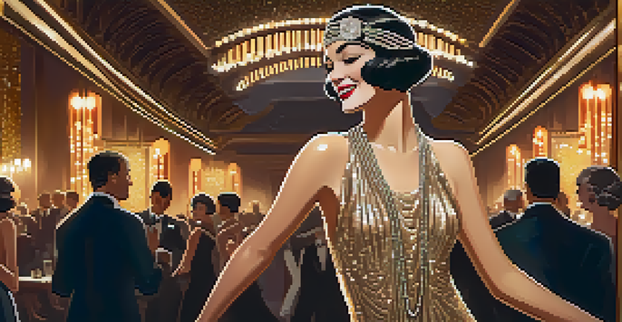 A flapper girl in a sparkling sequined dress dances at a jazz club, surrounded by art deco decor and elegantly dressed patrons.