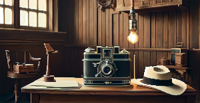 A vintage film set with wooden props and soft lighting, capturing the essence of silent cinema.