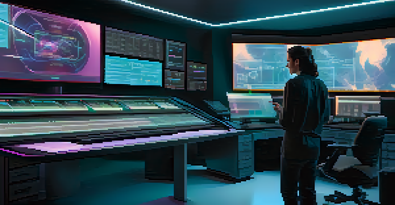 A futuristic film editing room with advanced AI technology, featuring a large screen displaying film scenes and a filmmaker analyzing data on a tablet, showcasing modern design.