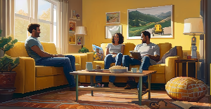 A family sitting in a cozy living room, watching a movie on a large TV, with popcorn on the table and movie posters on the walls.