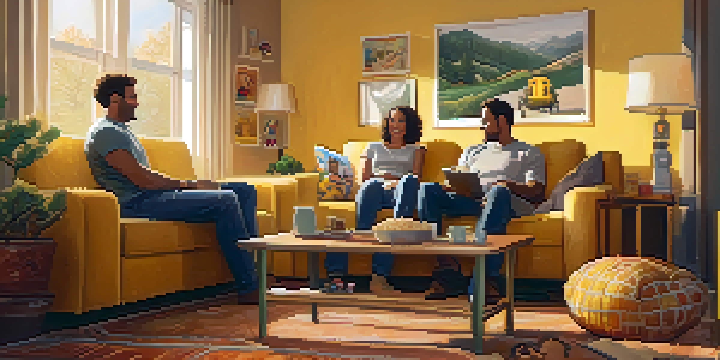 A family sitting in a cozy living room, watching a movie on a large TV, with popcorn on the table and movie posters on the walls.