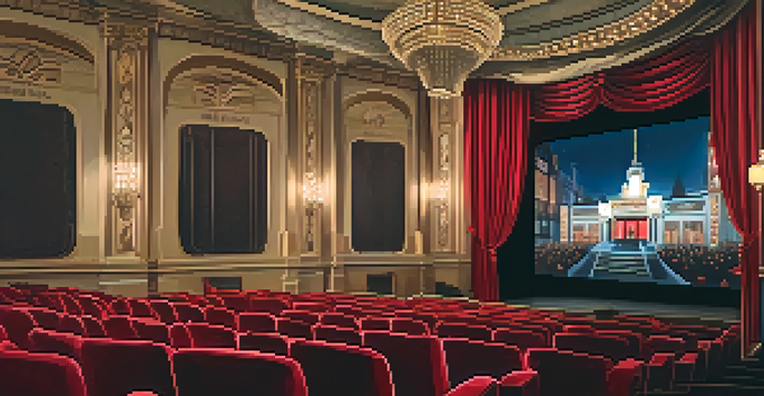 An elegant vintage cinema interior from the 1920s, with red velvet seats, ornate decorations, and a large screen.