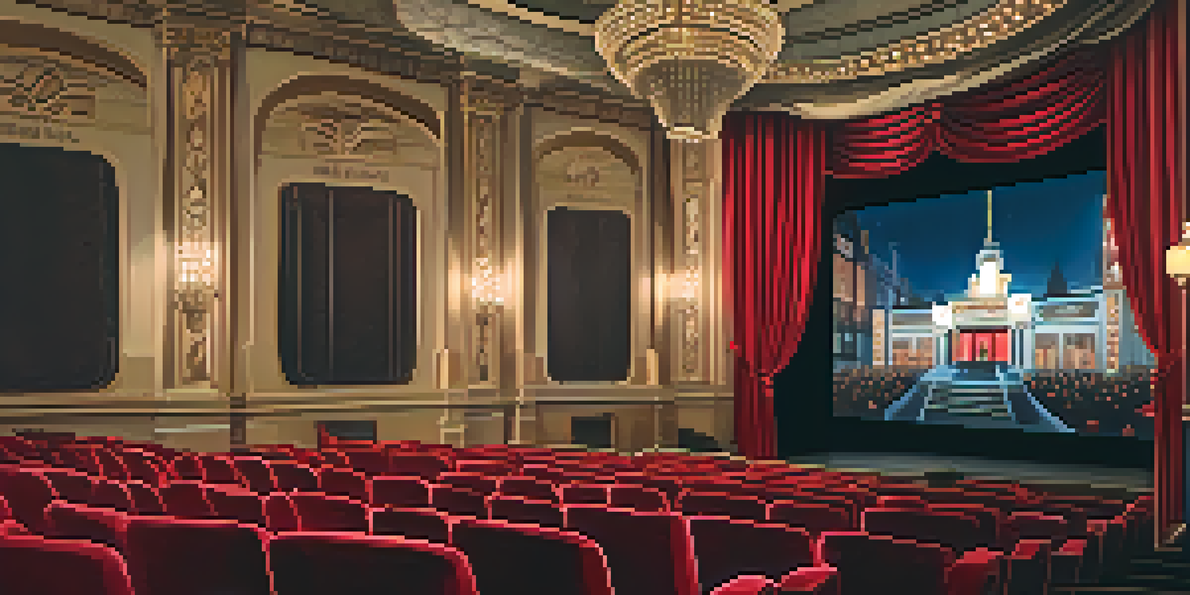 An elegant vintage cinema interior from the 1920s, with red velvet seats, ornate decorations, and a large screen.