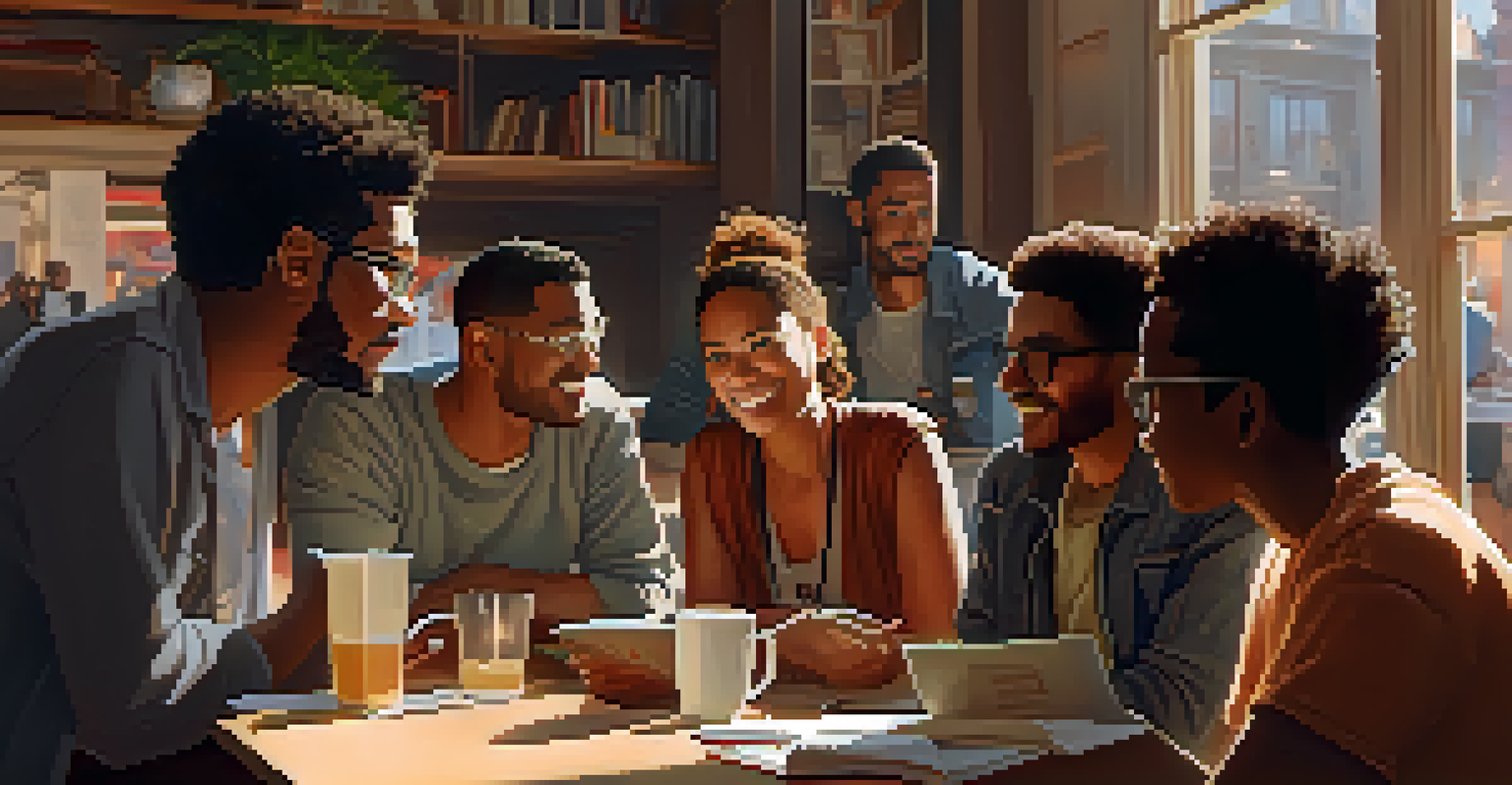 A diverse group of film critics animatedly discussing in a café filled with sunlight.