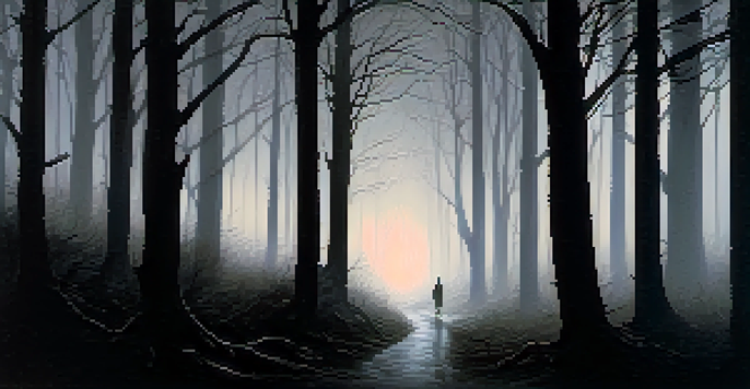 A dark forest at night with tall trees and a foggy path, featuring a silhouette of a person in the distance.