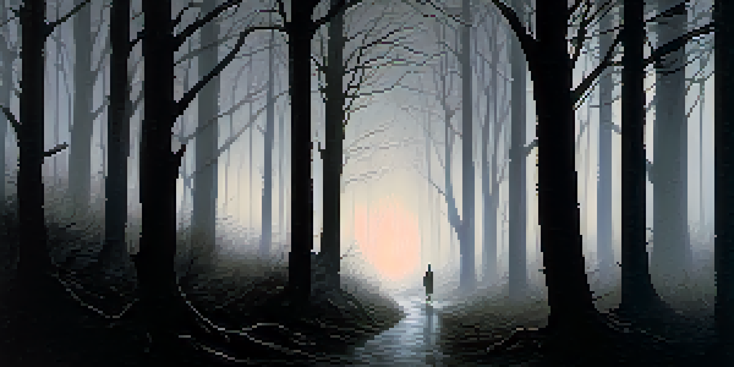 A dark forest at night with tall trees and a foggy path, featuring a silhouette of a person in the distance.