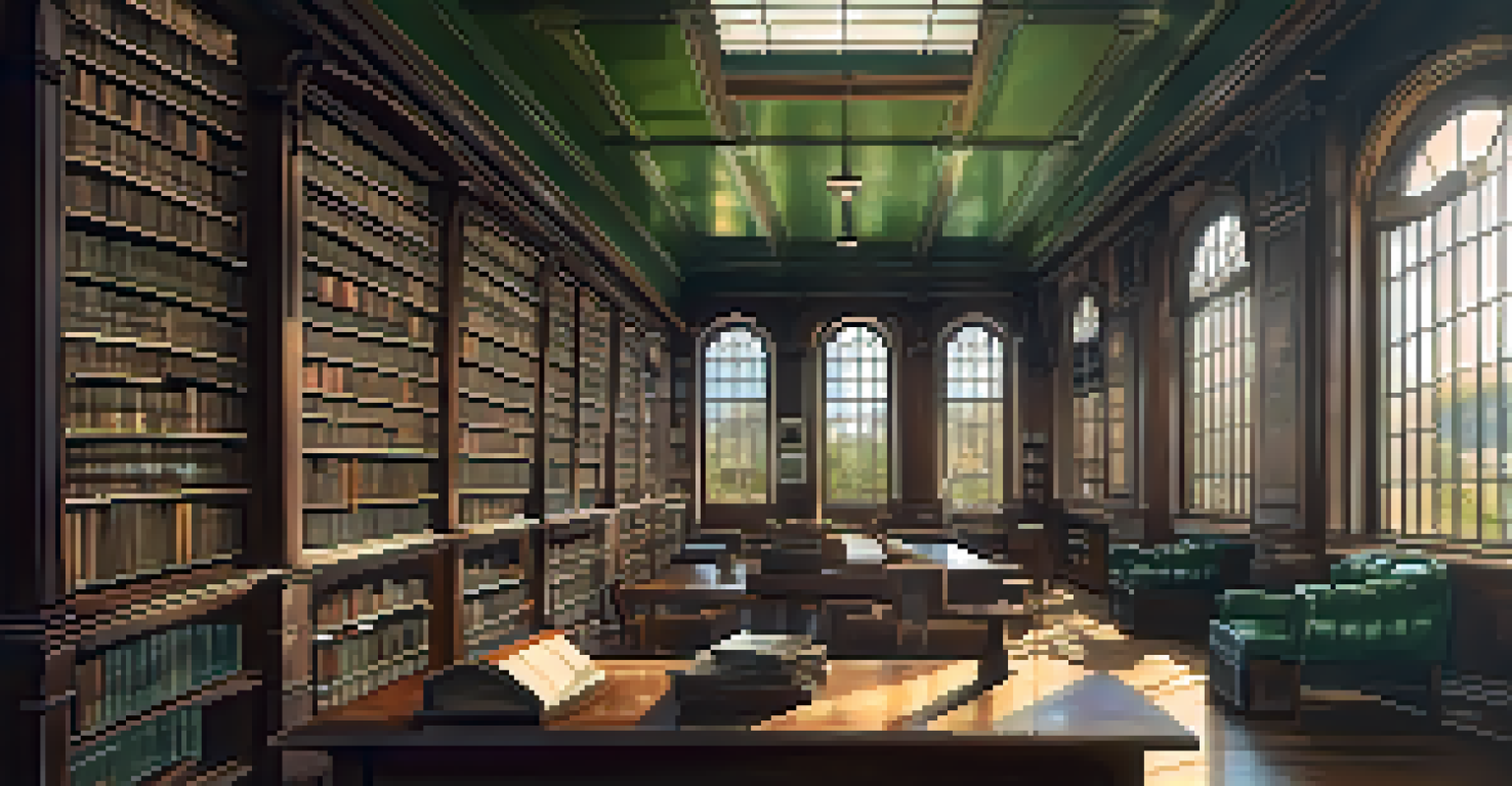 An elegant library with shelves of old film reels and books, featuring a wooden table with a film script and an antique camera.