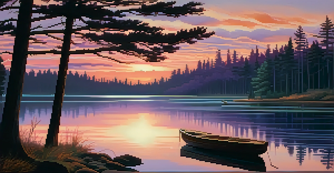 A beautiful sunset over a calm lake with colorful reflections and silhouettes of trees.