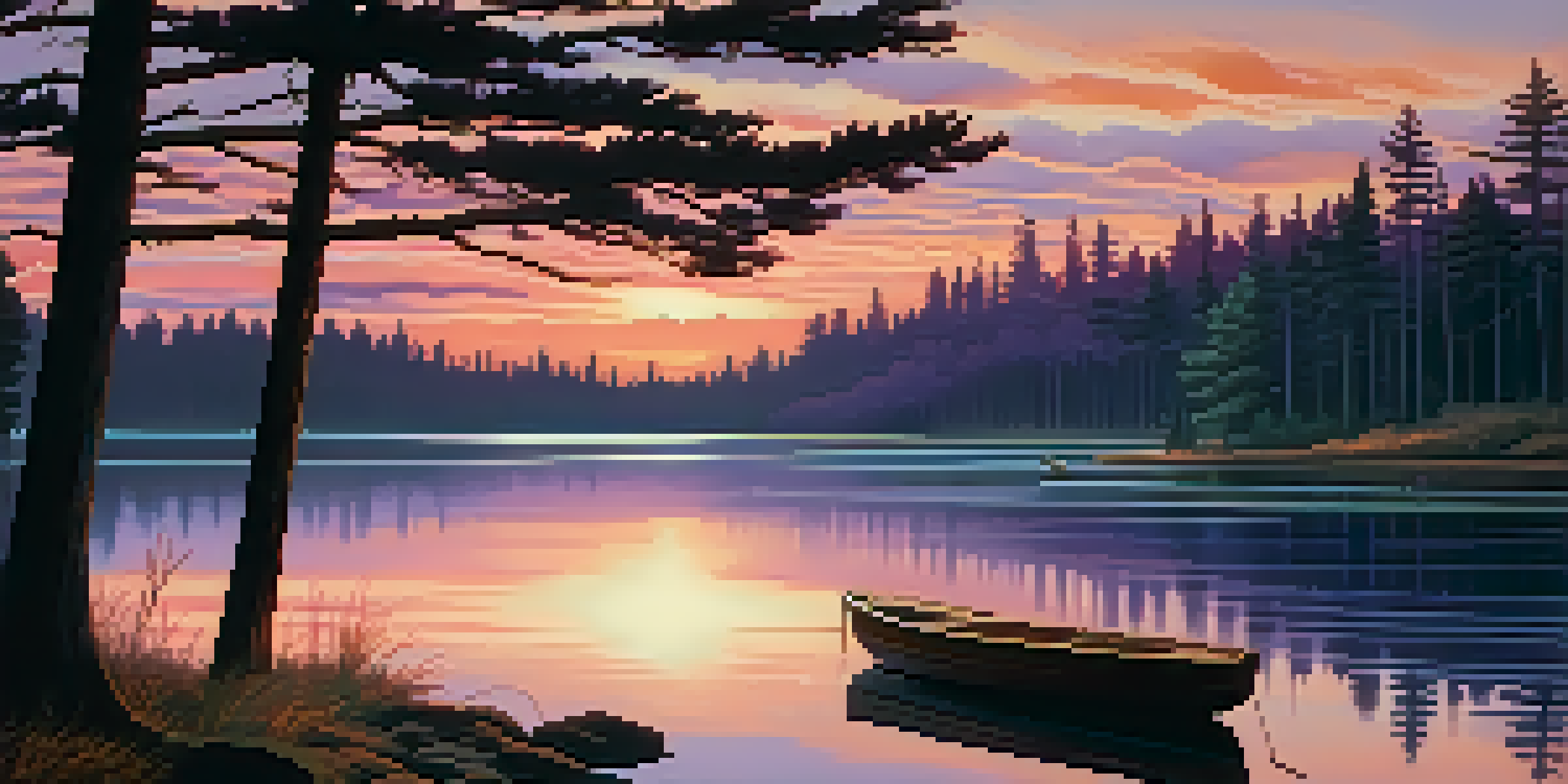 A beautiful sunset over a calm lake with colorful reflections and silhouettes of trees.