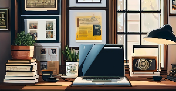 A home office with a vintage desk, laptop displaying a film review, potted plant, and movie posters on the wall.