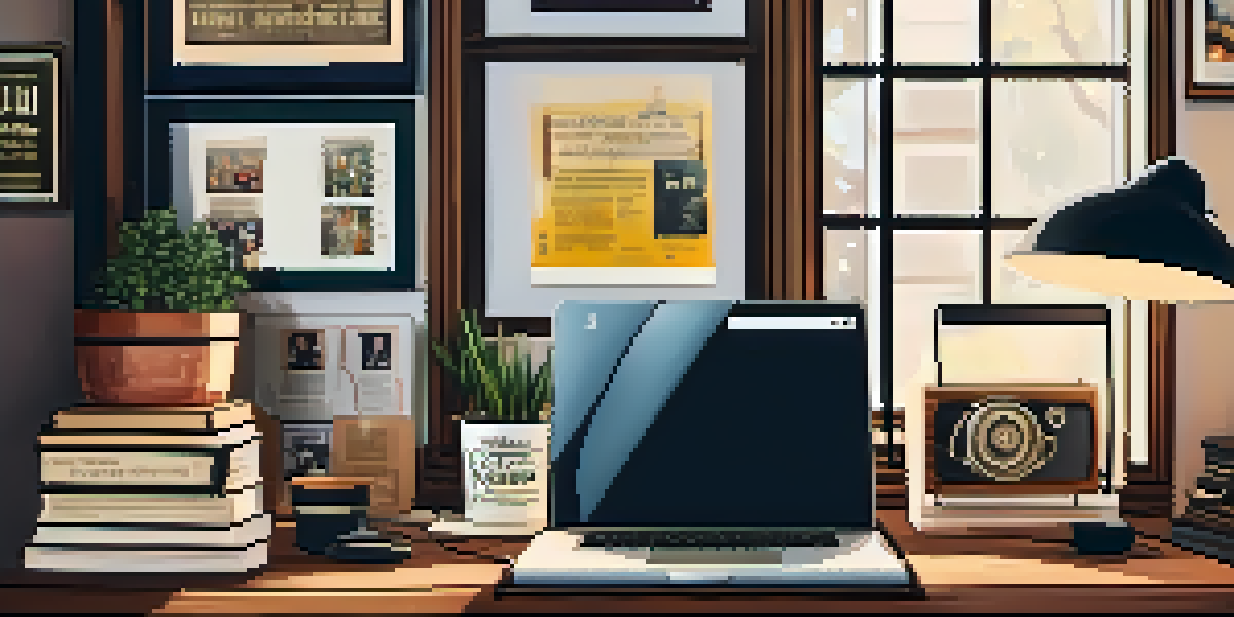 A home office with a vintage desk, laptop displaying a film review, potted plant, and movie posters on the wall.