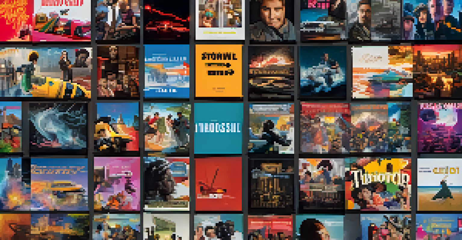 A colorful collage of streaming content thumbnails from various genres including action and comedy. Arranged on a dark background.
