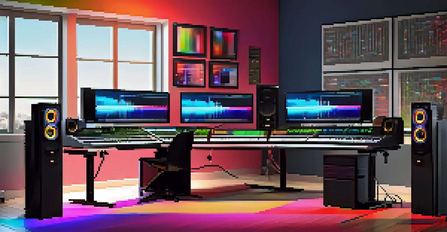 A modern digital audio workstation setup with multiple screens and a MIDI keyboard.