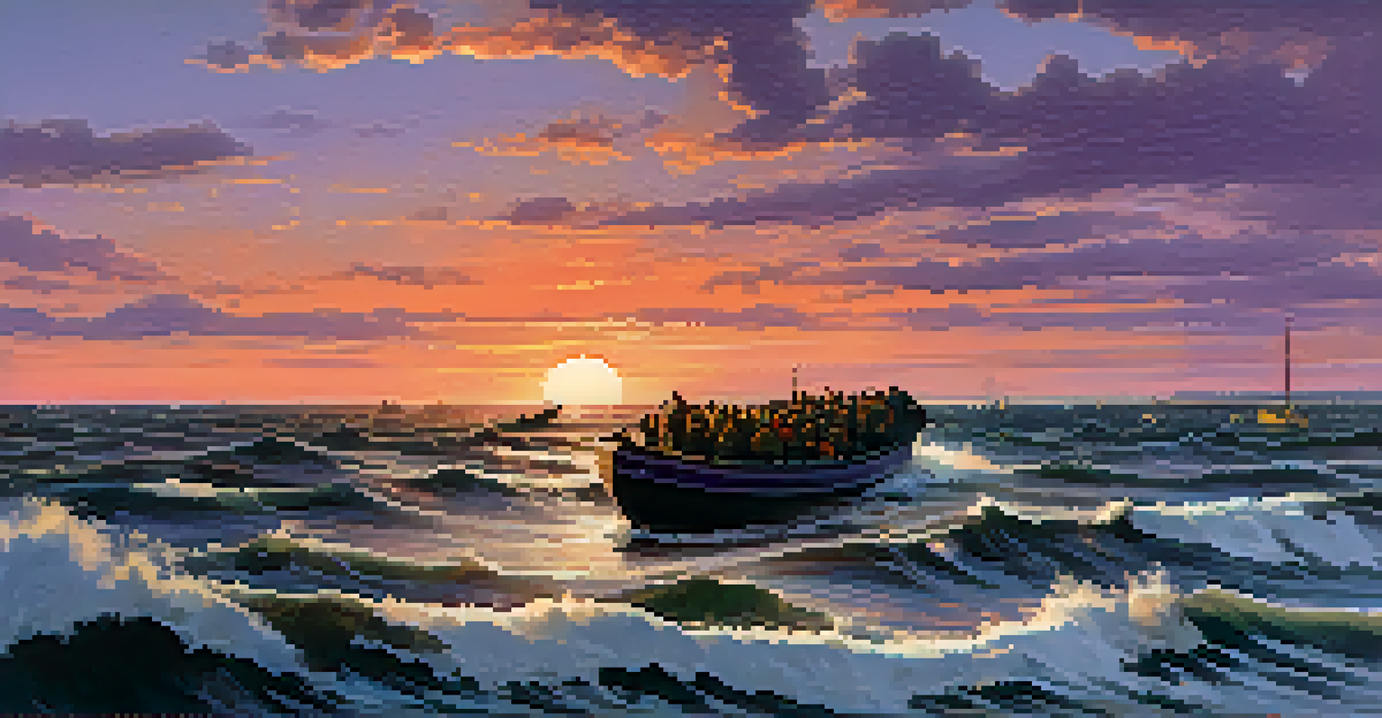 Civilians in a boat navigating rough waters towards Dunkirk beach at sunset.