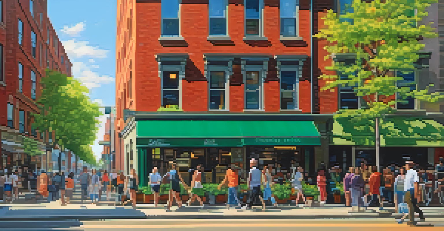 A bustling city street filled with people and colorful shops, under a sunny sky with shadows cast on the pavement.
