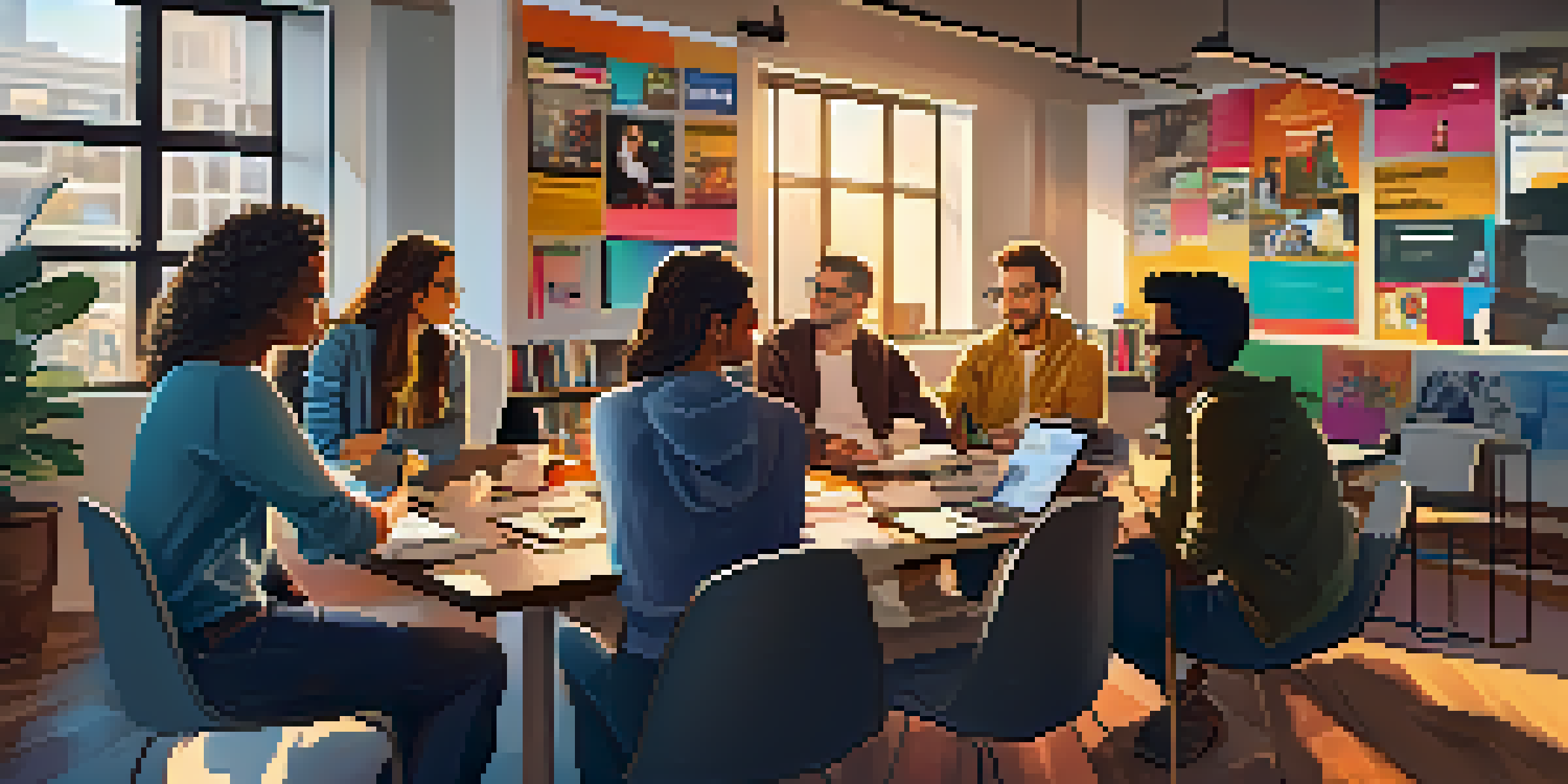 A diverse group of filmmakers brainstorming in a modern office, surrounded by colorful film posters and laptops displaying social media analytics.