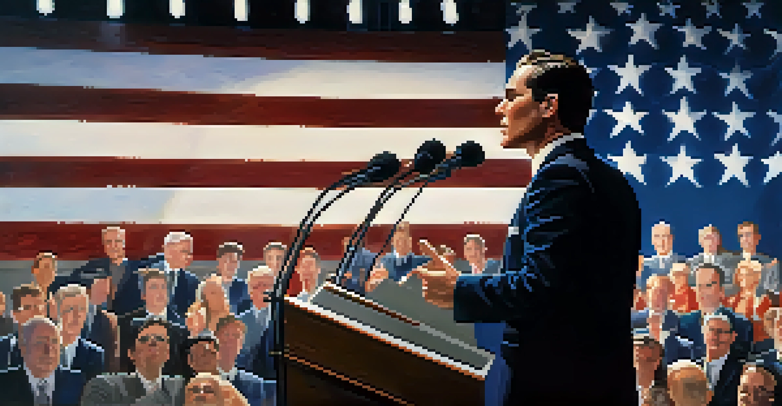 A political figure giving a passionate speech at a podium, with bright stage lights and a blurred audience, set against a backdrop of a large flag.