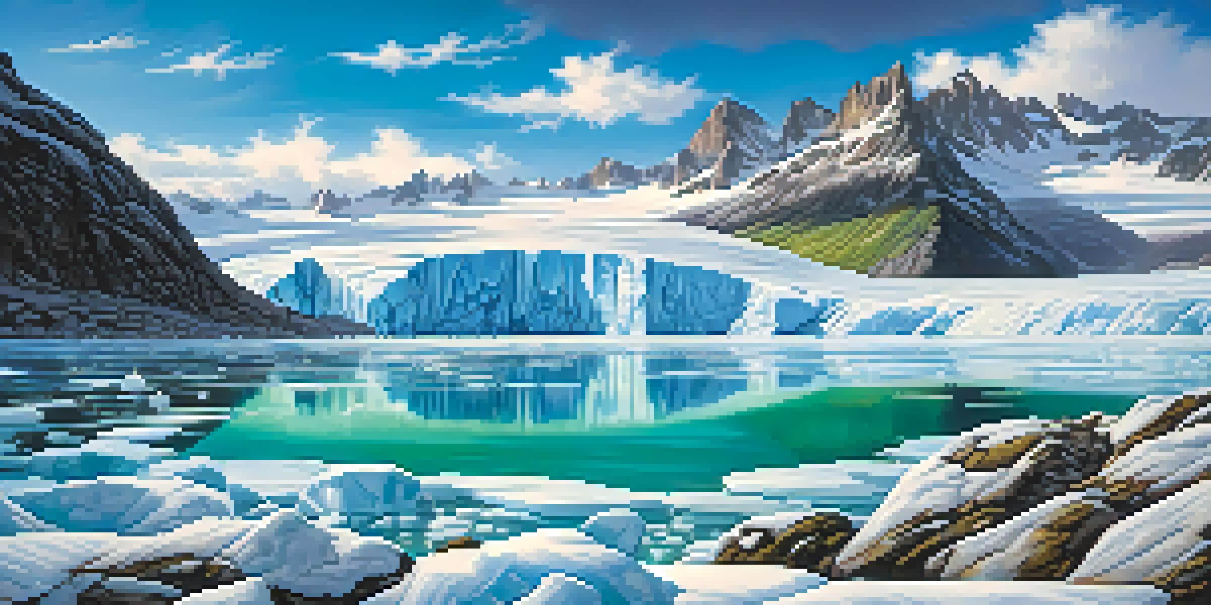 A beautiful view of a melting glacier under a clear blue sky, with sunlight reflecting off the ice and hints of green vegetation.