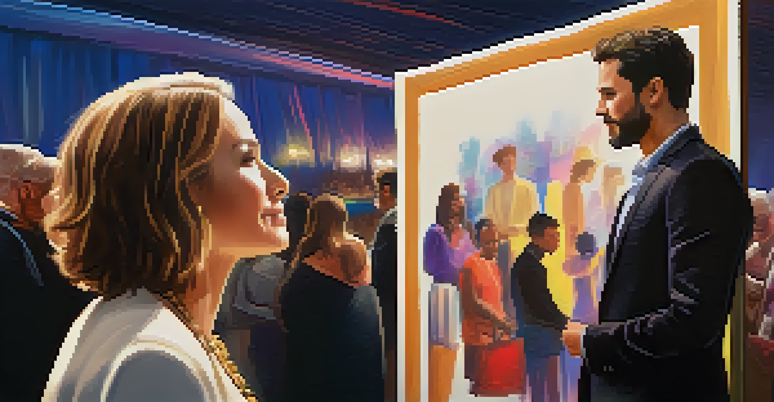 A celebrity listening to a community member at a charity event, with a vibrant poster about a social cause in the background, warm lighting creating a sense of connection.