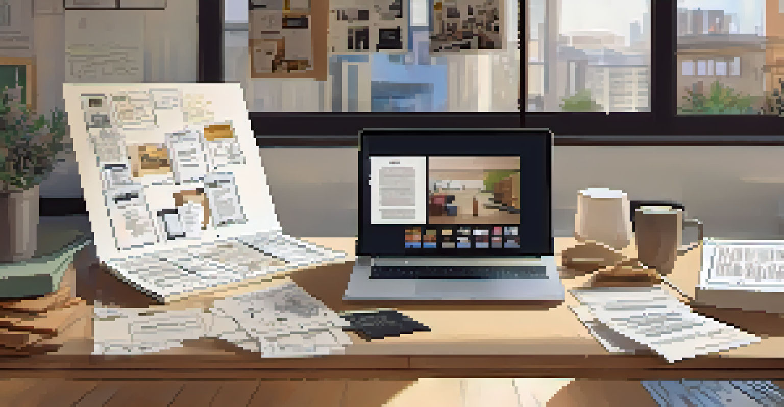 A creative workspace showing a laptop with a crowdfunding page, storyboards, and a corkboard filled with notes in soft natural light.