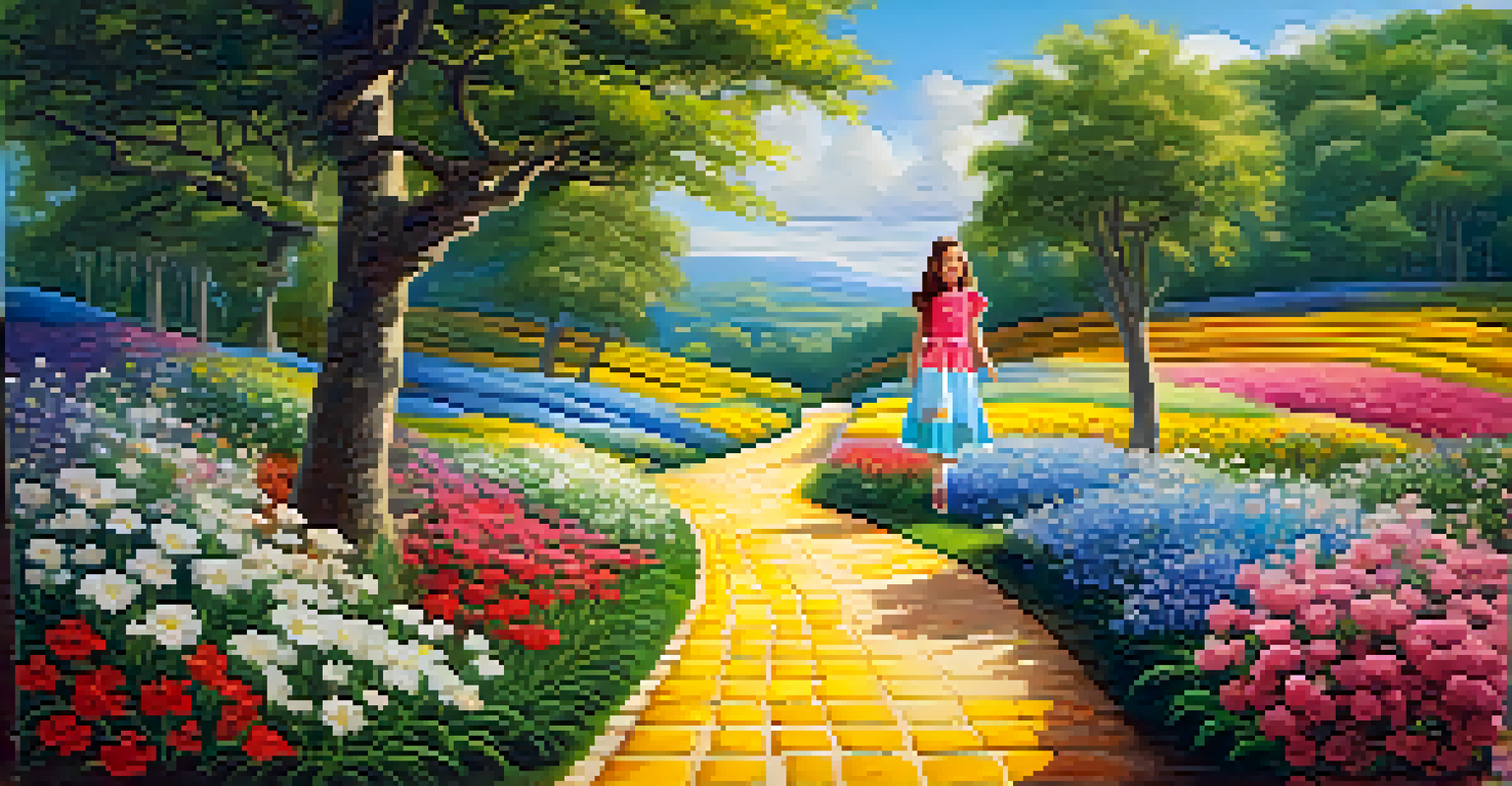 A young girl walking on a yellow brick road through a colorful landscape, symbolizing exploration and dreams.