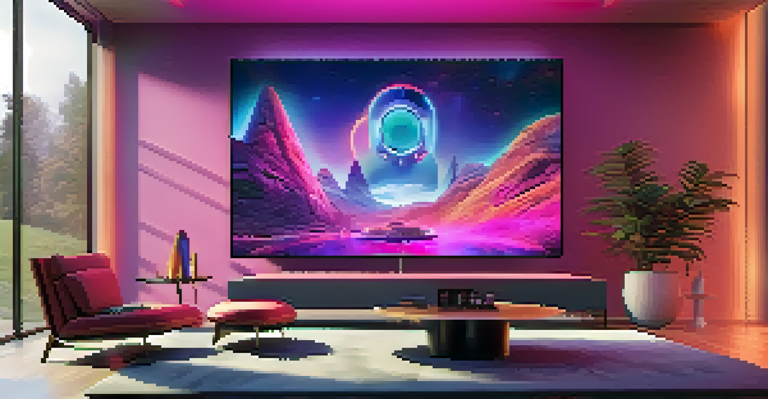 A modern living room featuring a virtual reality headset on a coffee table, with a large screen displaying a colorful virtual landscape, showcasing advanced entertainment technology.