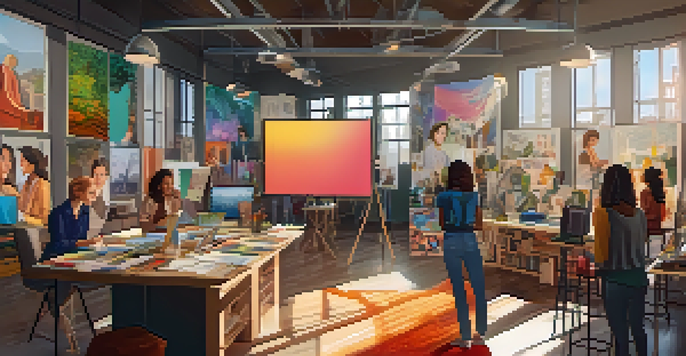 A diverse group of female producers collaborating in a colorful film production studio, surrounded by mood boards and storyboards, with natural light streaming in.