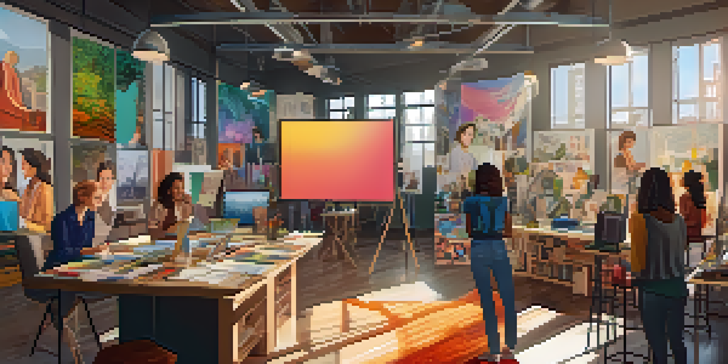A diverse group of female producers collaborating in a colorful film production studio, surrounded by mood boards and storyboards, with natural light streaming in.