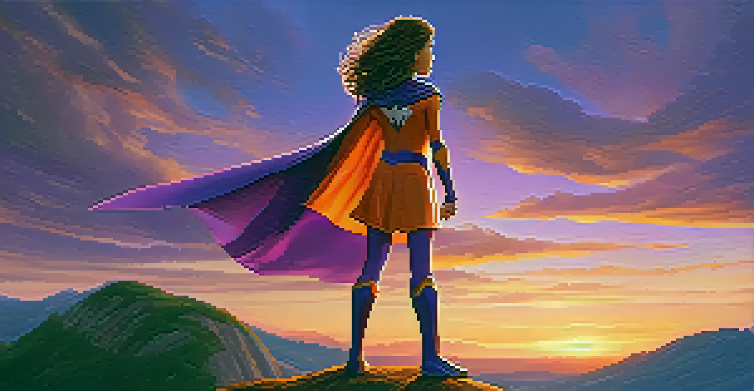 A young girl in a superhero costume standing on a hilltop during sunset, representing empowerment and courage.