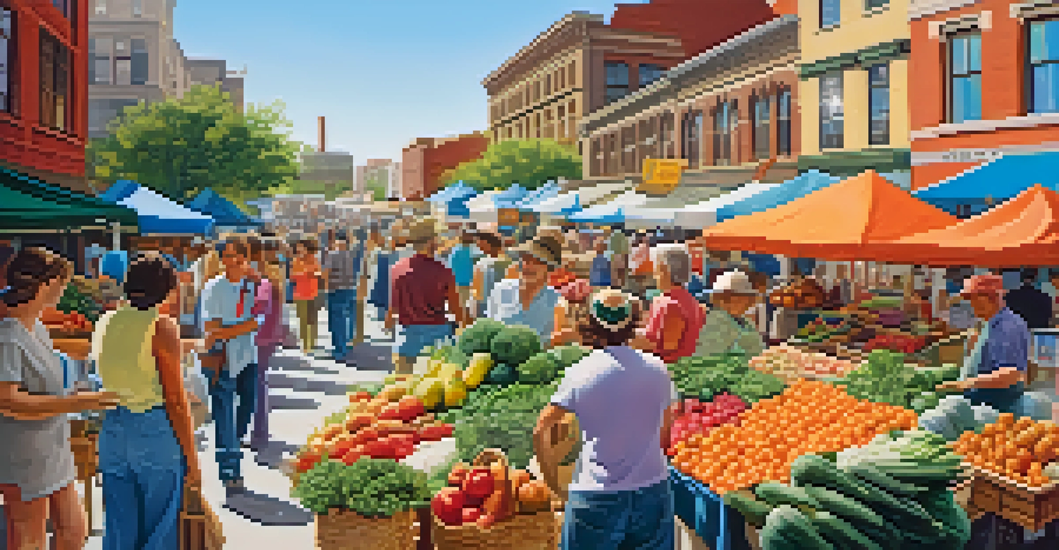 A lively farmer's market with colorful stalls, fresh produce, and people shopping under a blue sky.