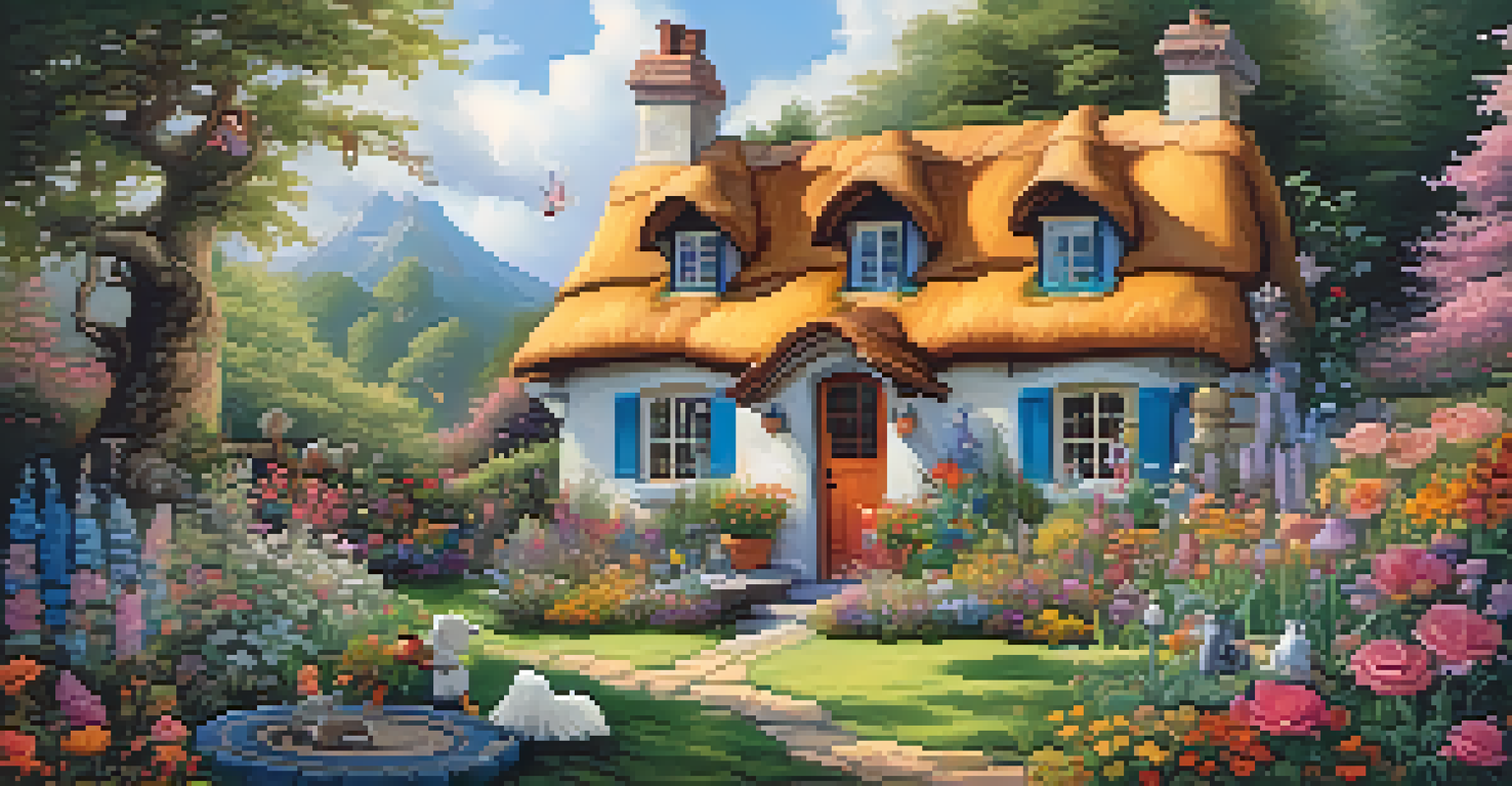 A whimsical cottage in an enchanted garden, surrounded by flowers and magical creatures.
