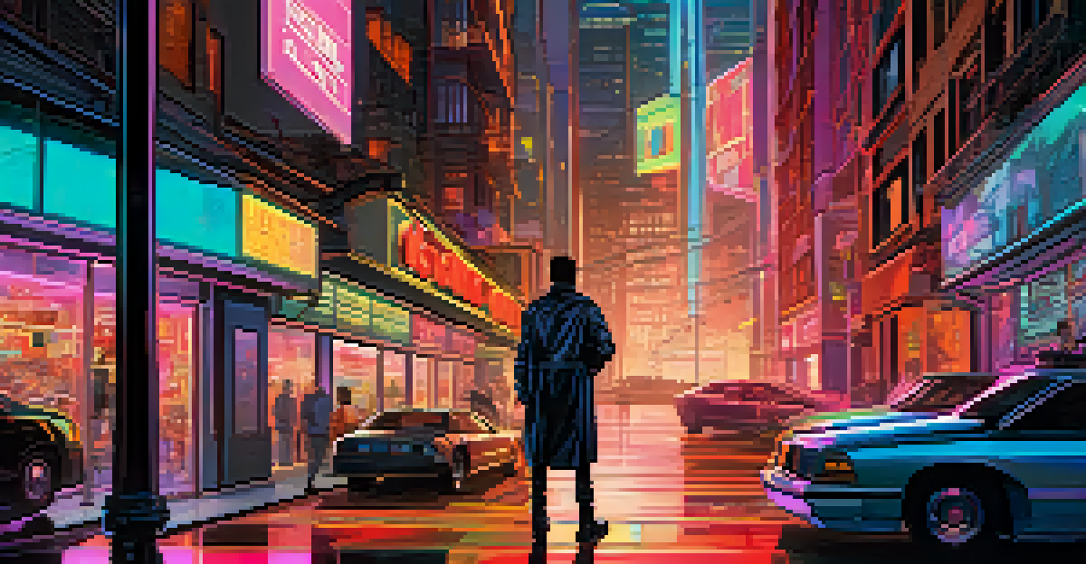 A superhero in a futuristic city with neon lights and comic book style elements.