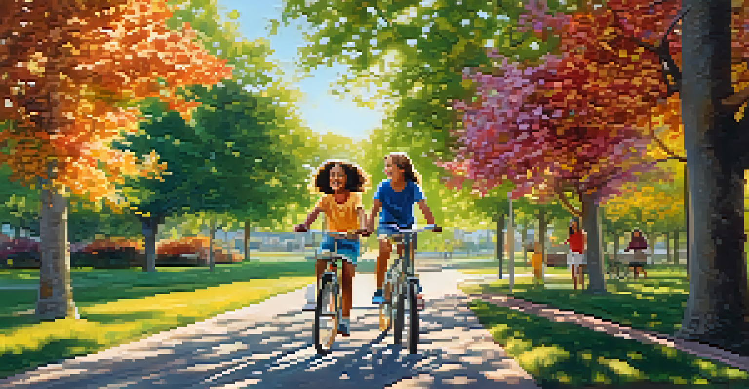 Two young friends riding bicycles along a tree-lined path in a park, laughing and enjoying their time together with colorful flowers in the background.