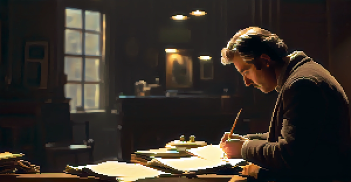 A focused middle-aged man, resembling a method actor, studies a script in a dimly lit rehearsal space surrounded by props and a vintage mirror.