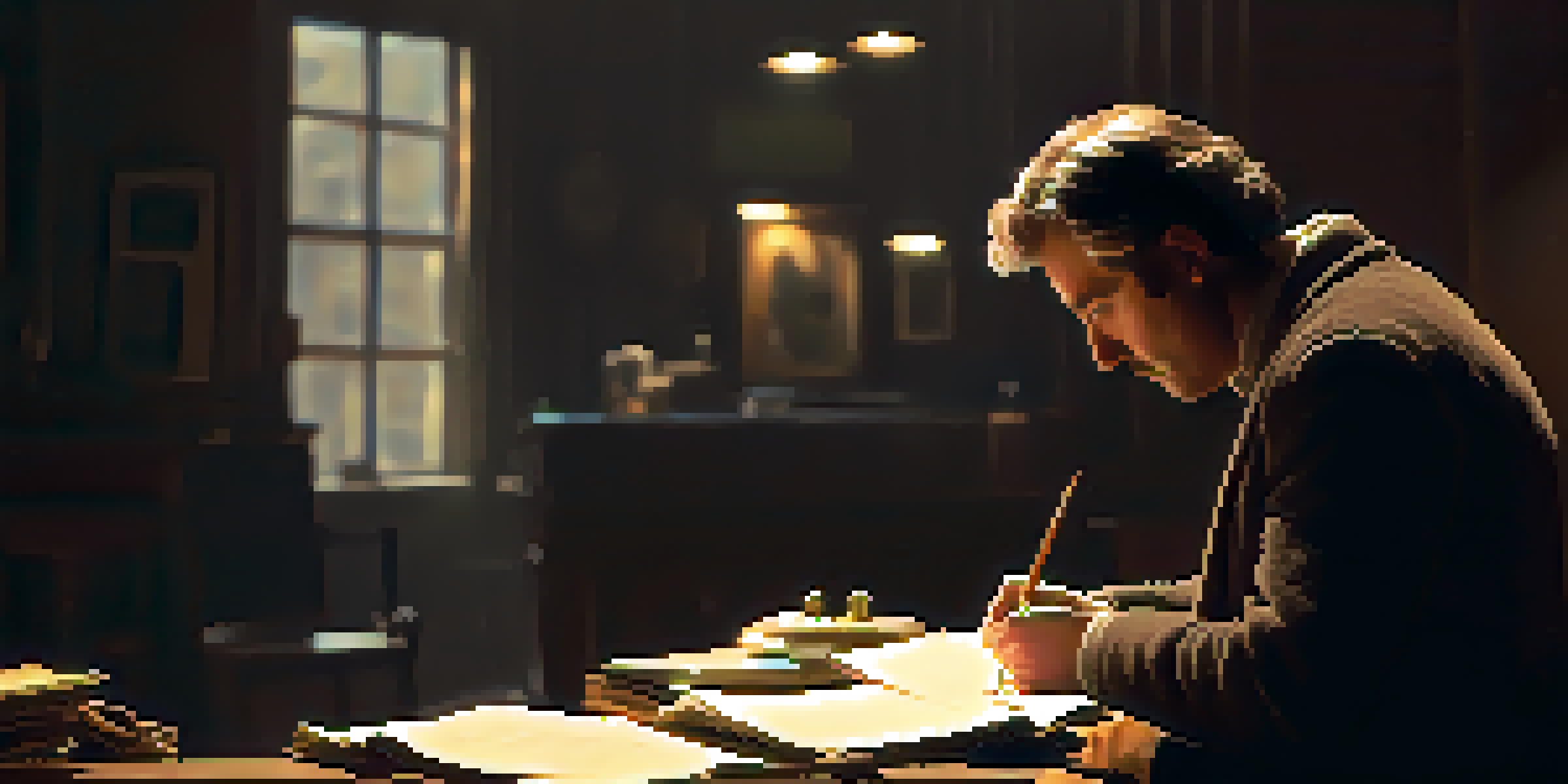 A focused middle-aged man, resembling a method actor, studies a script in a dimly lit rehearsal space surrounded by props and a vintage mirror.