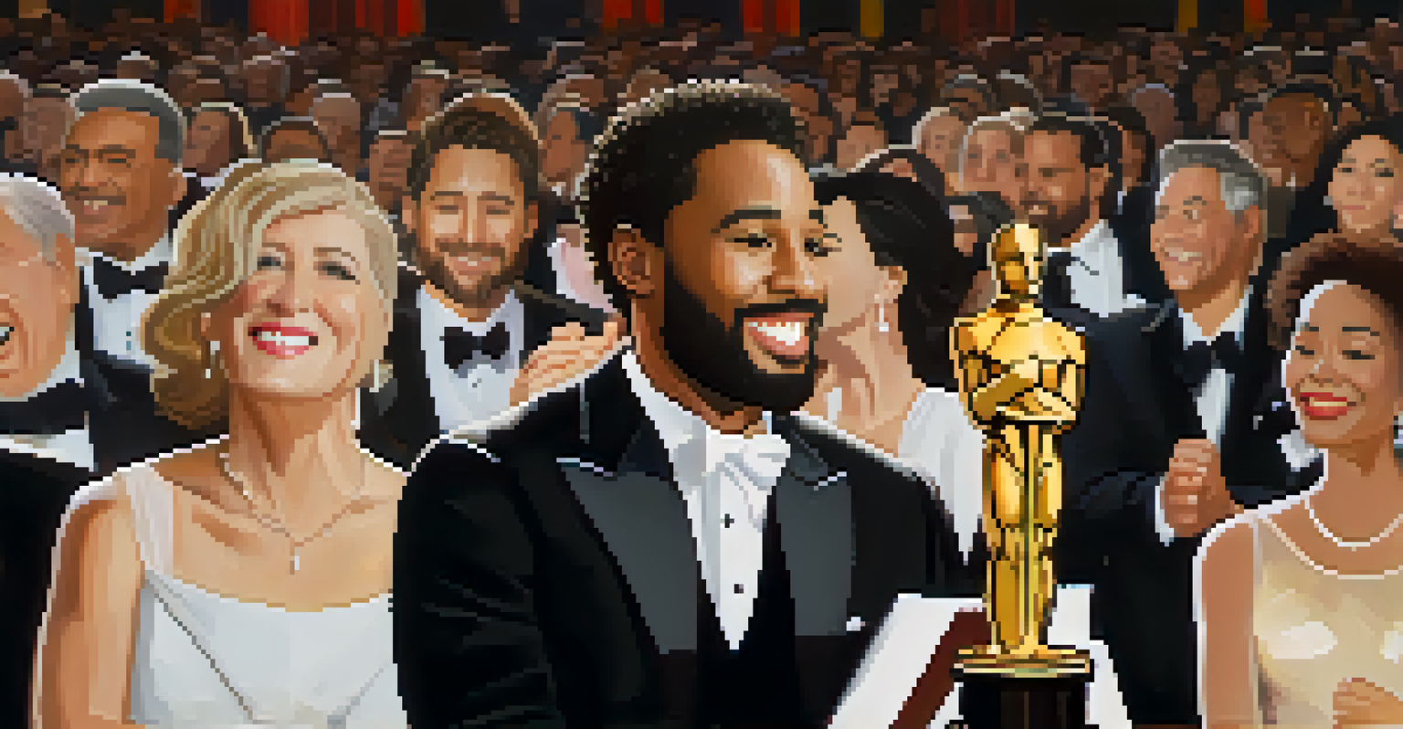 A filmmaker emotionally accepting an Oscar, holding the statuette with a cheering audience in the background.