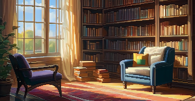 A cozy library nook with a plush armchair and colorful books on a wooden shelf, illuminated by soft sunlight.