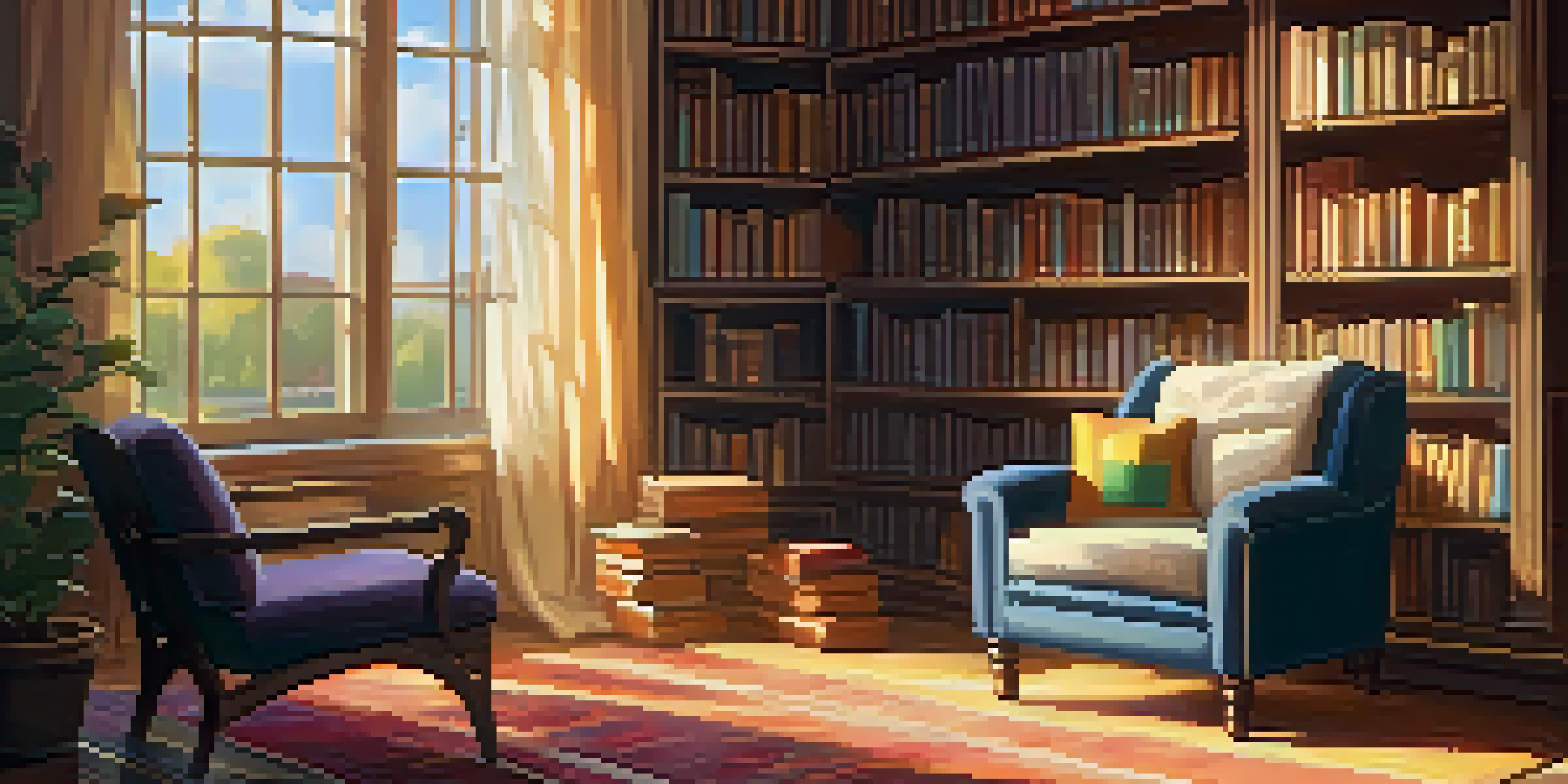 A cozy library nook with a plush armchair and colorful books on a wooden shelf, illuminated by soft sunlight.