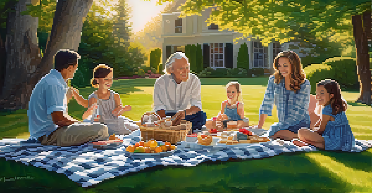 A family gathering in a sunny garden, with a picnic spread on a checkered blanket and children playing nearby, evoking a sense of nostalgia.
