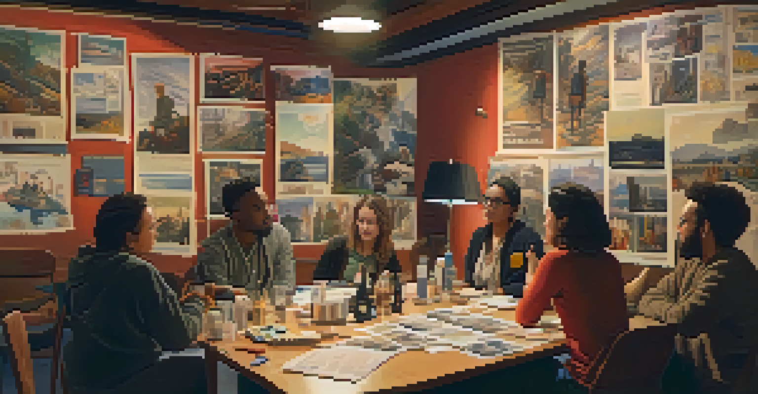 An intimate workshop at a film festival with aspiring filmmakers discussing storytelling techniques, a mentor leading the session, and film posters on the walls.