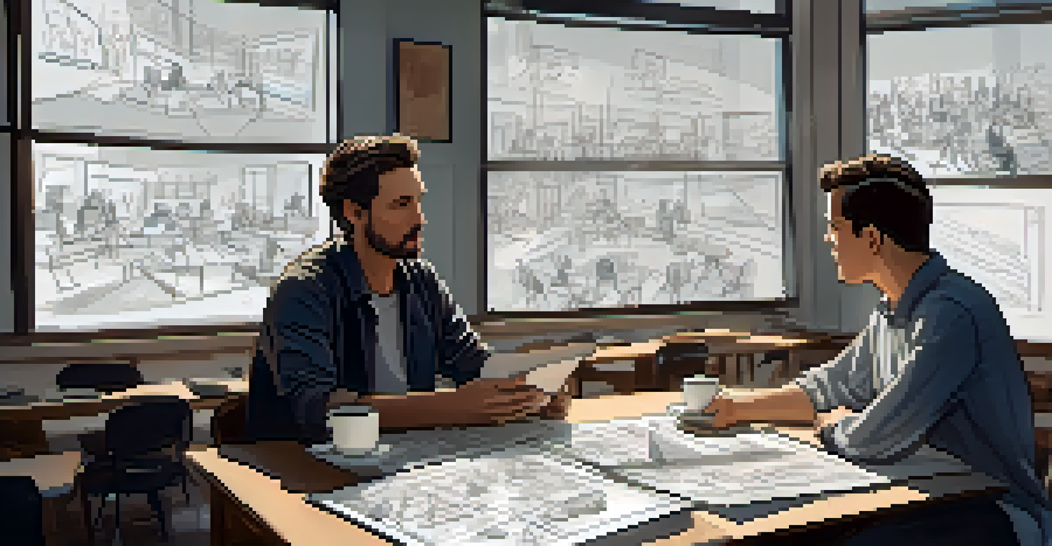 A director and screenwriter collaborating on a film project at a table with storyboards, notes, and coffee cups in a well-lit room.